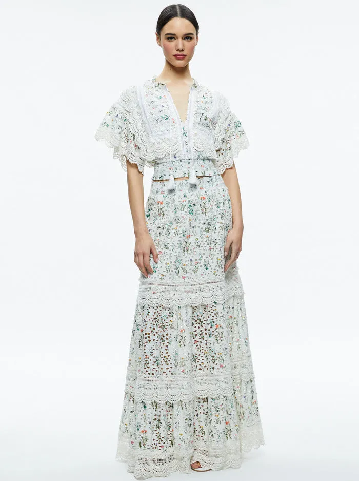 Alice   Olivia - Reise Embroidered Tiered Maxi Skirt - Georgia Floral