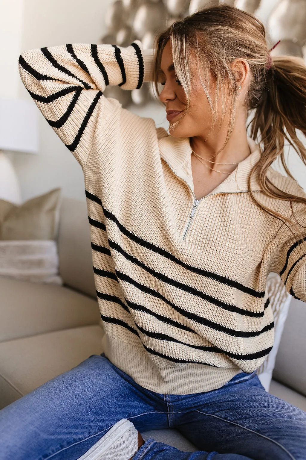 Ampersand Cream & Black Stripe Zip Sweater