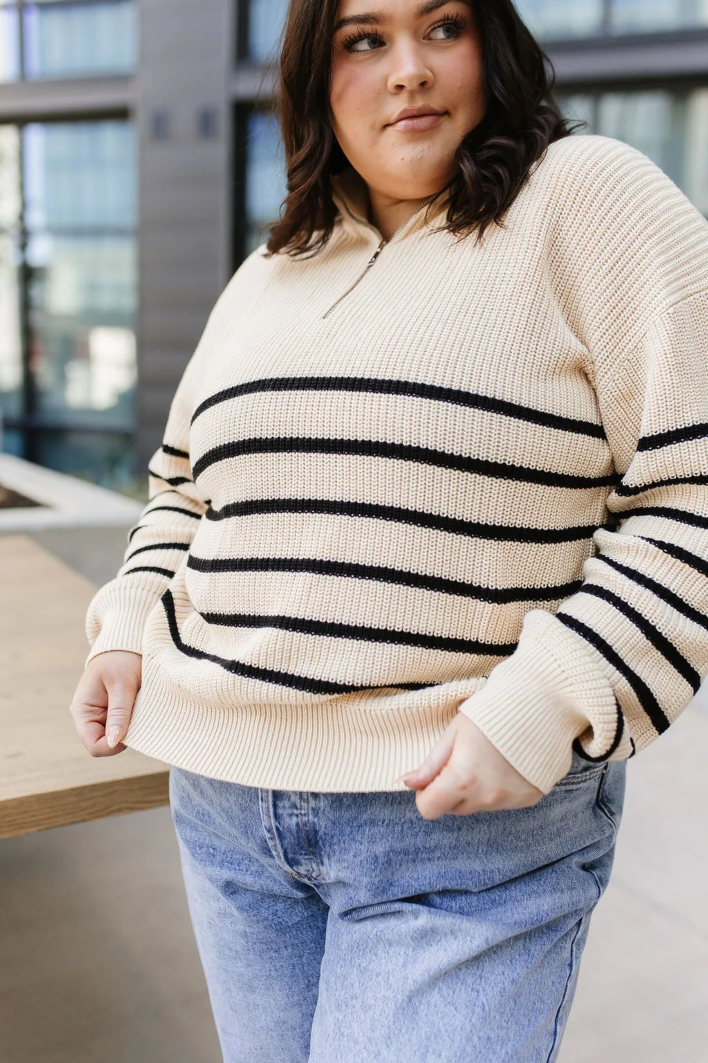 Ampersand Cream & Black Stripe Zip Sweater