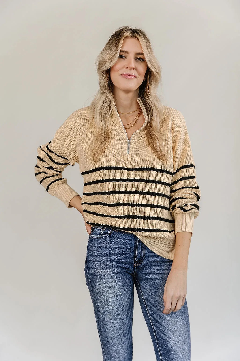 Ampersand Cream & Black Stripe Zip Sweater