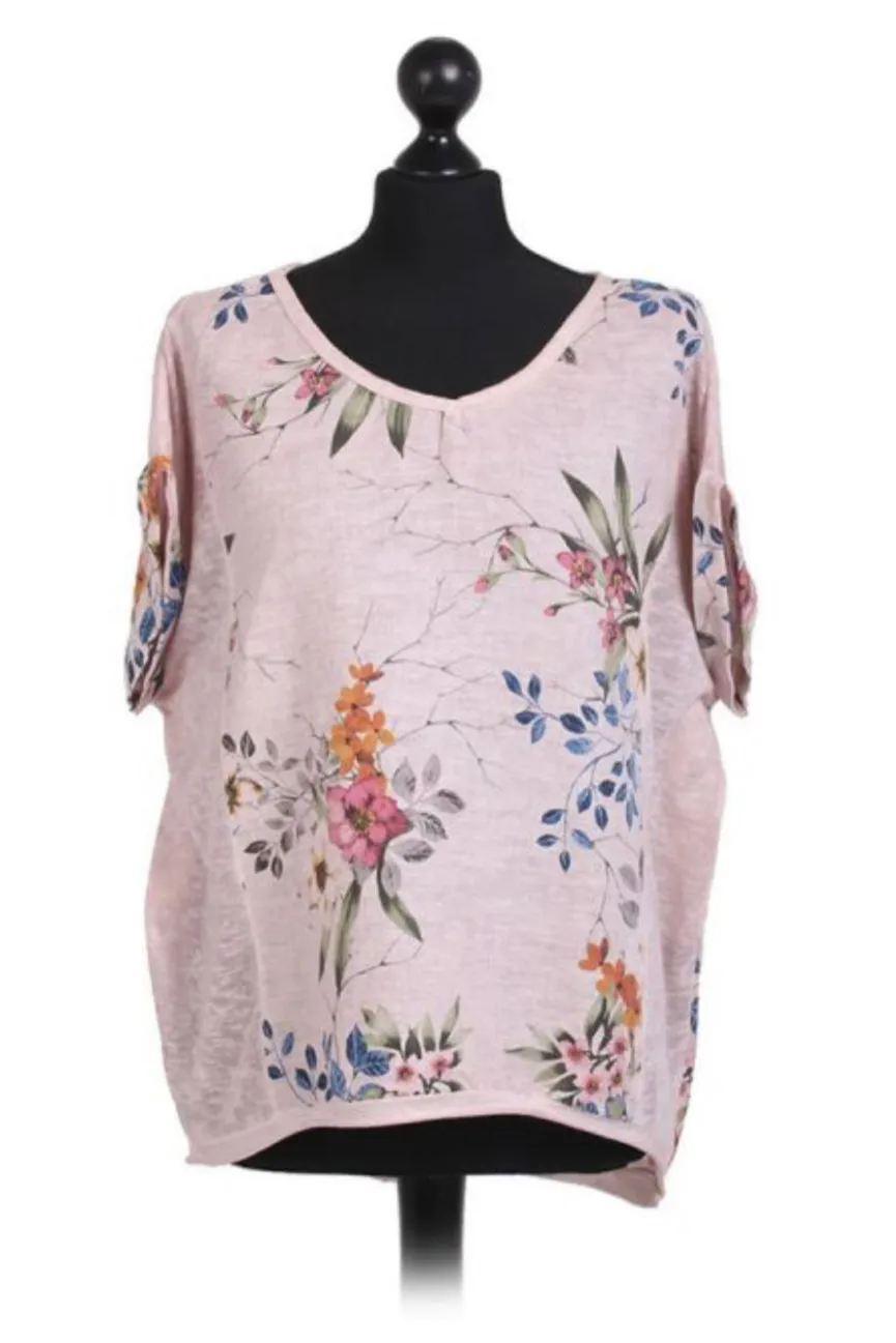 Anne   Kate Italian V-Neck Vintage Wash Floral Linen Top