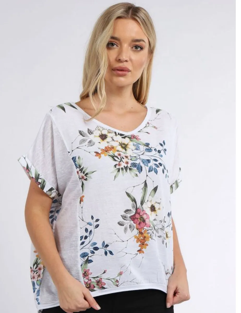 Anne   Kate Italian V-Neck Vintage Wash Floral Linen Top