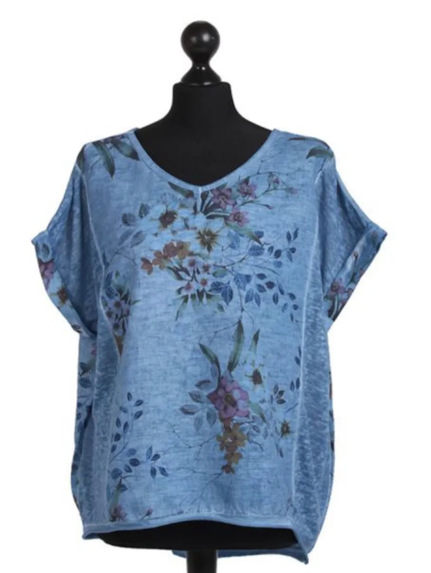 Anne   Kate Italian V-Neck Vintage Wash Floral Linen Top