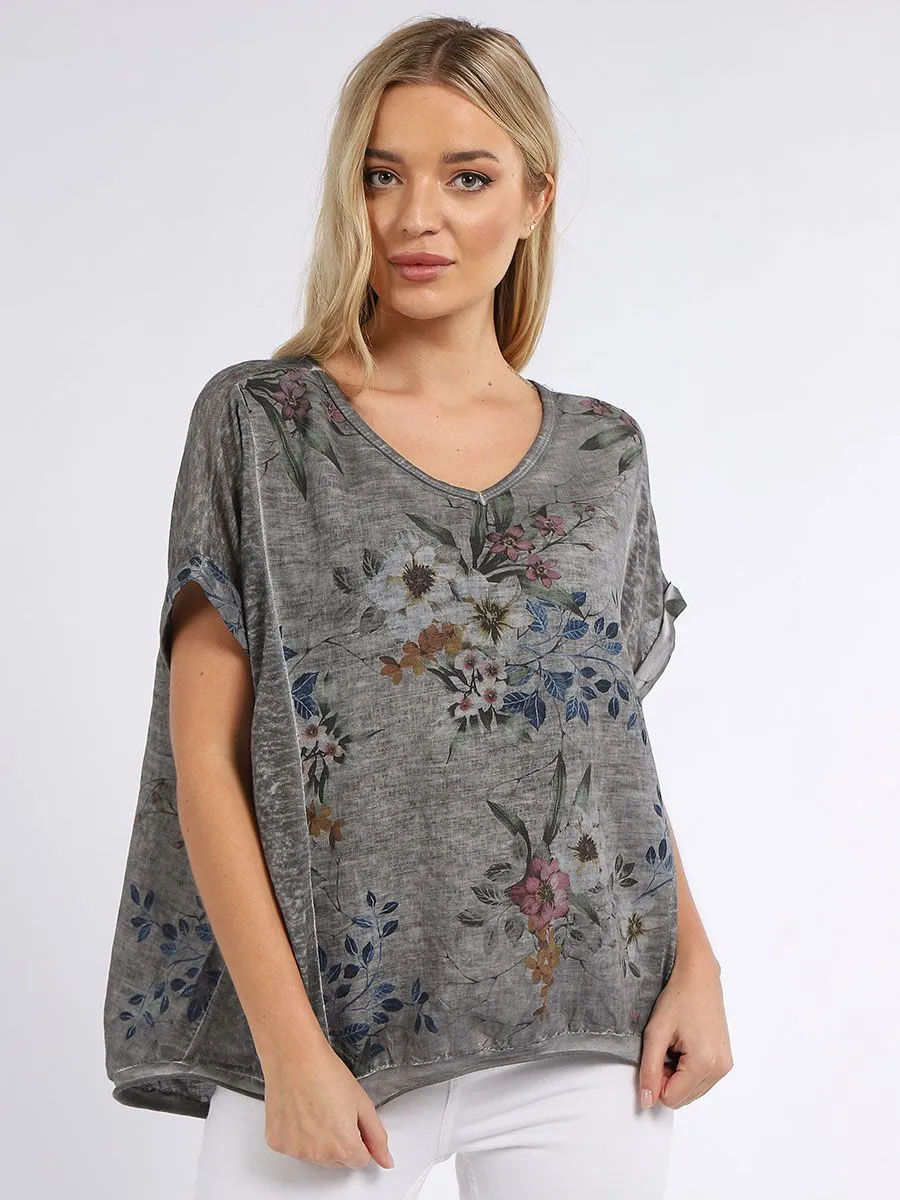 Anne   Kate Italian V-Neck Vintage Wash Floral Linen Top