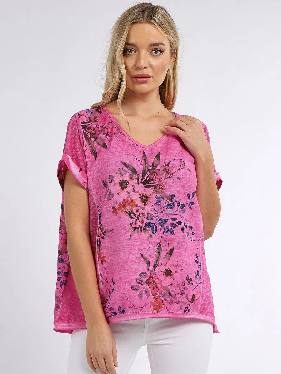 Anne   Kate Italian V-Neck Vintage Wash Floral Linen Top