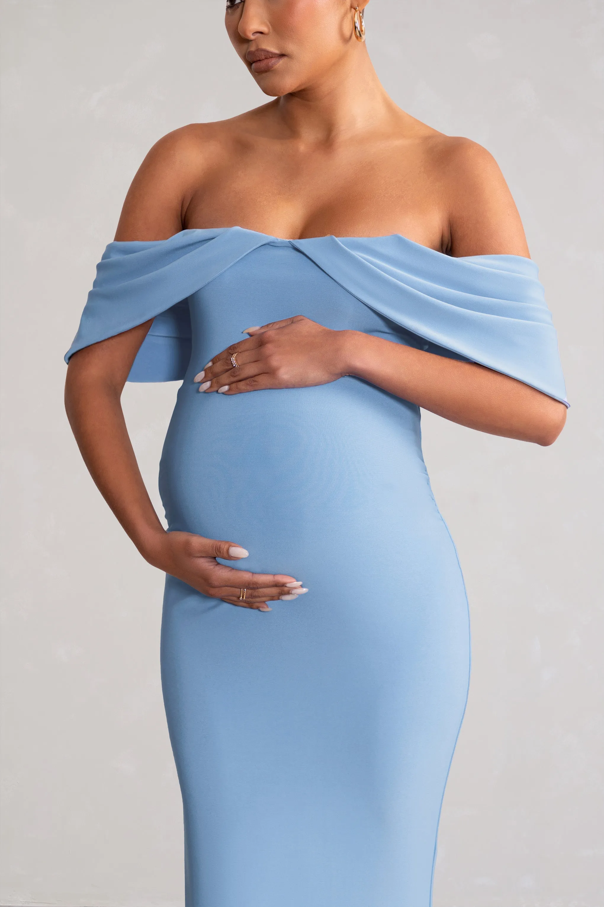 Asha | Powder Blue Draped Sleeve Bardot Maternity Maxi Dress