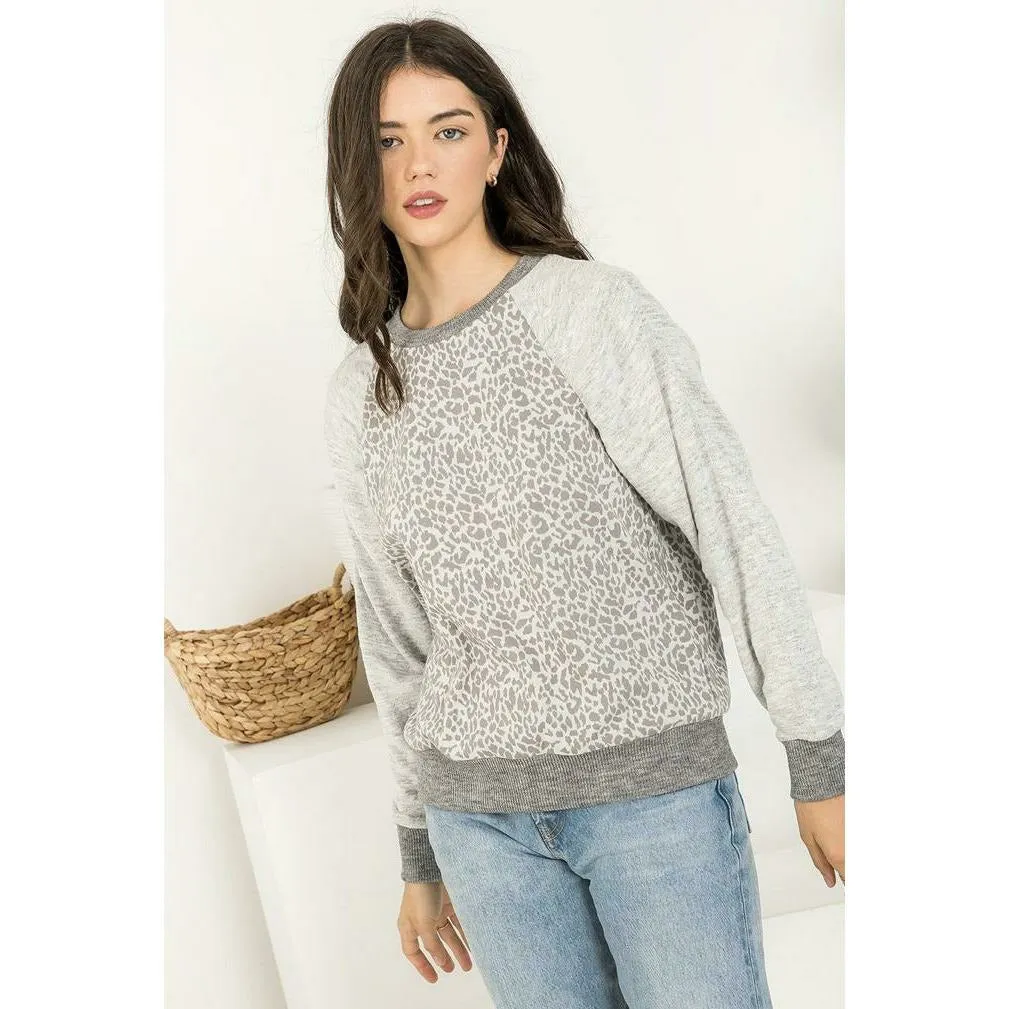 Ava Light Grey Cheetah Print Crewneck THML Top-SALE