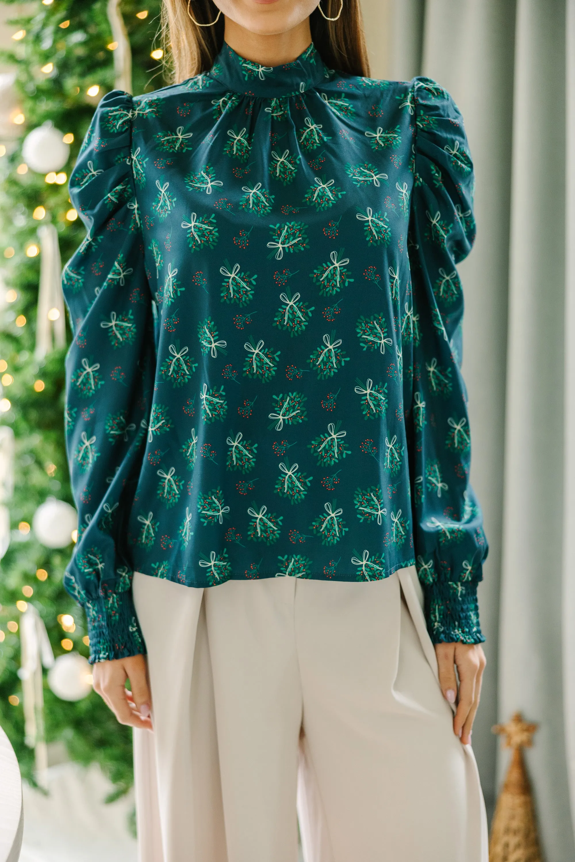 Be A Stand Out Emerald Green Floral Puff Sleeve Blouse