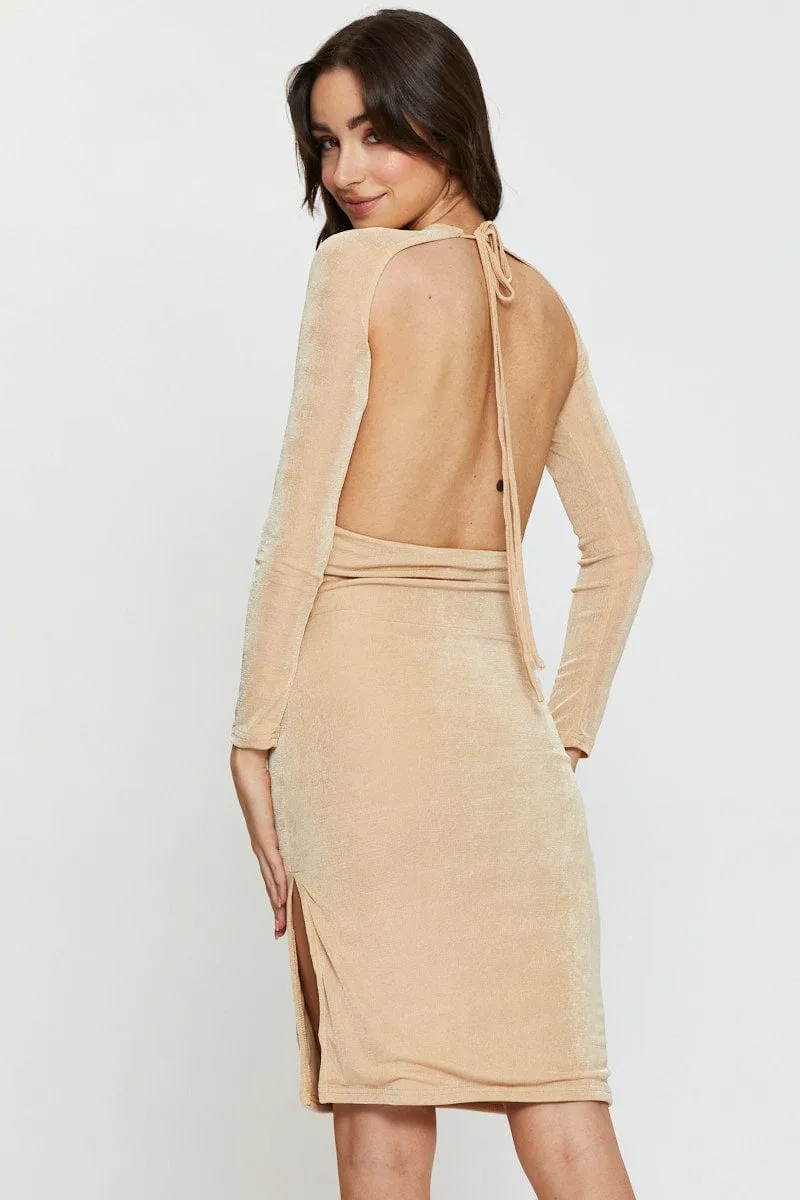 Beige Bodycon Dress Long Sleeve Evening