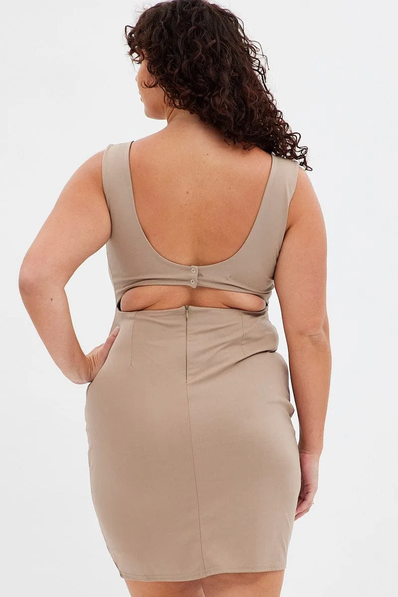 Beige Bodycon Dress Sleeveless Back Cut Out