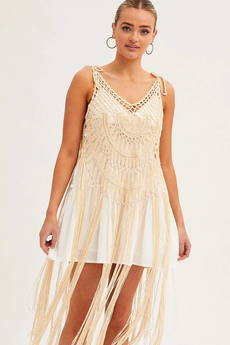 Beige Crochet Beach Pullover Dress Cover Up