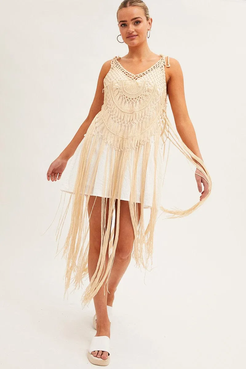 Beige Crochet Beach Pullover Dress Cover Up