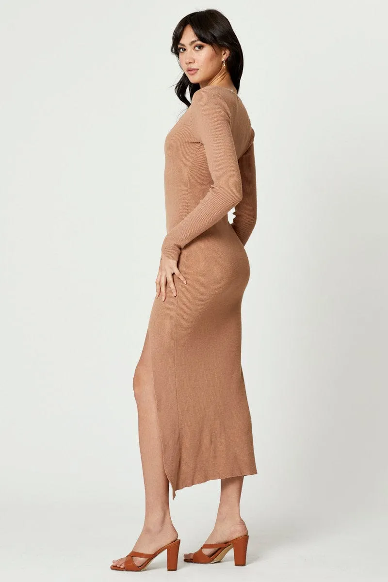 Beige High Split Knit Maxi Dress