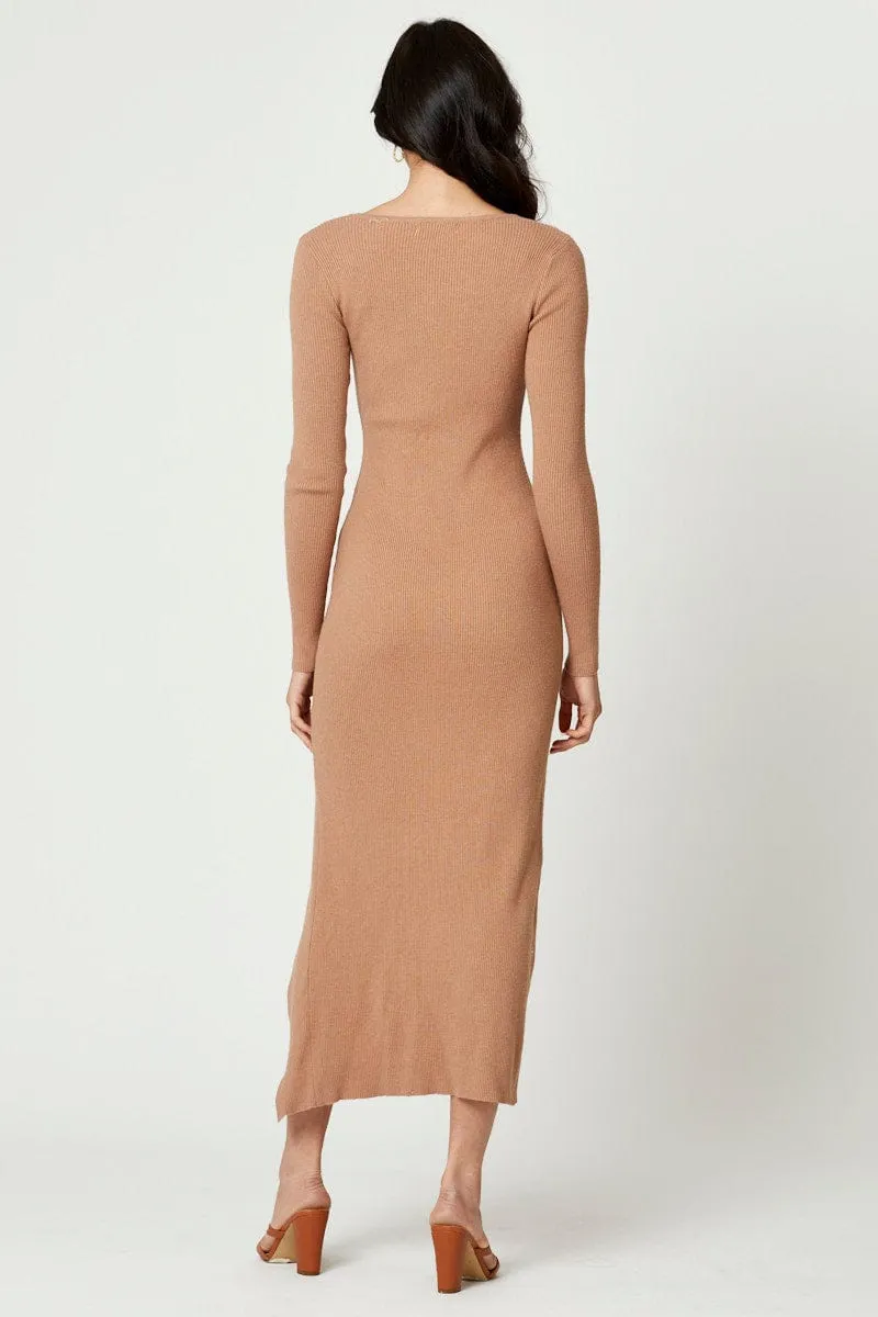 Beige High Split Knit Maxi Dress