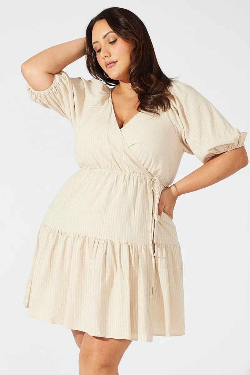 Beige Textured Cotton Wrap Frill Minidress