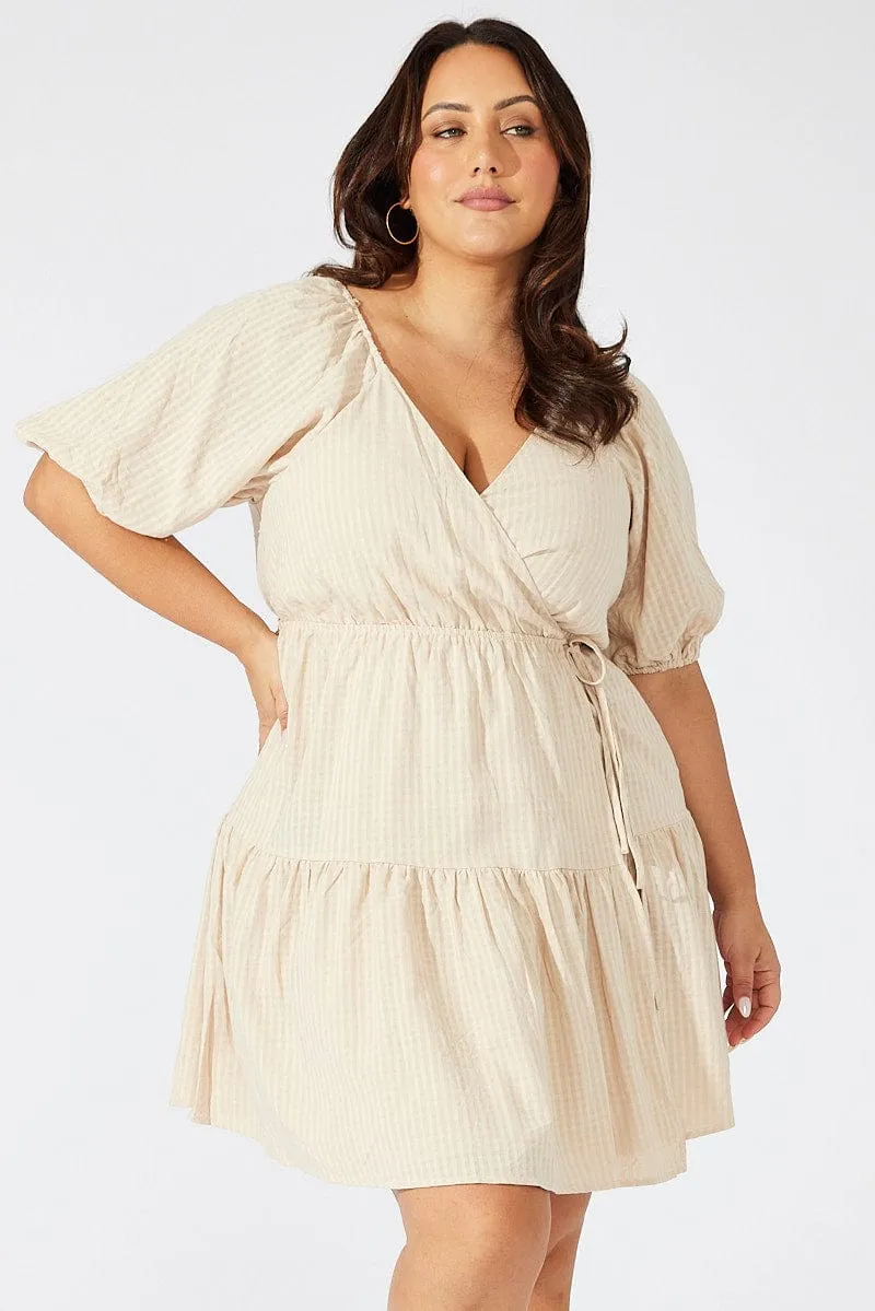 Beige Textured Cotton Wrap Frill Minidress