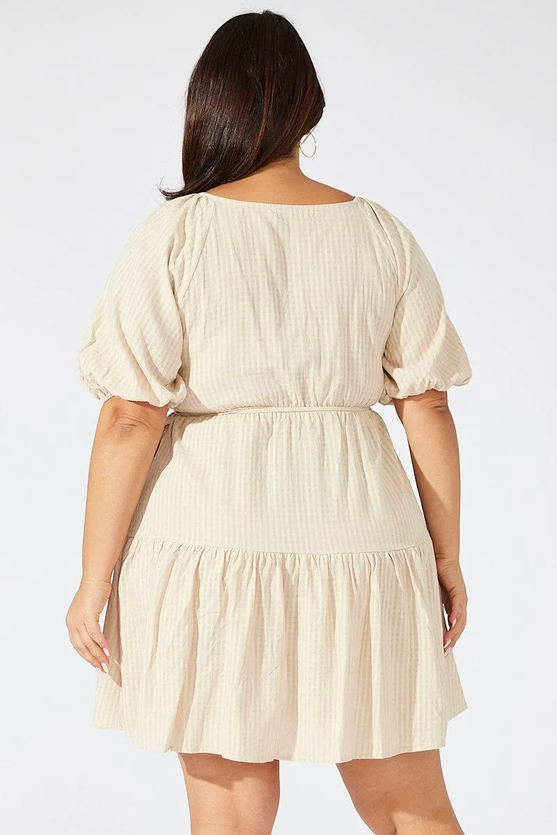 Beige Textured Cotton Wrap Frill Minidress