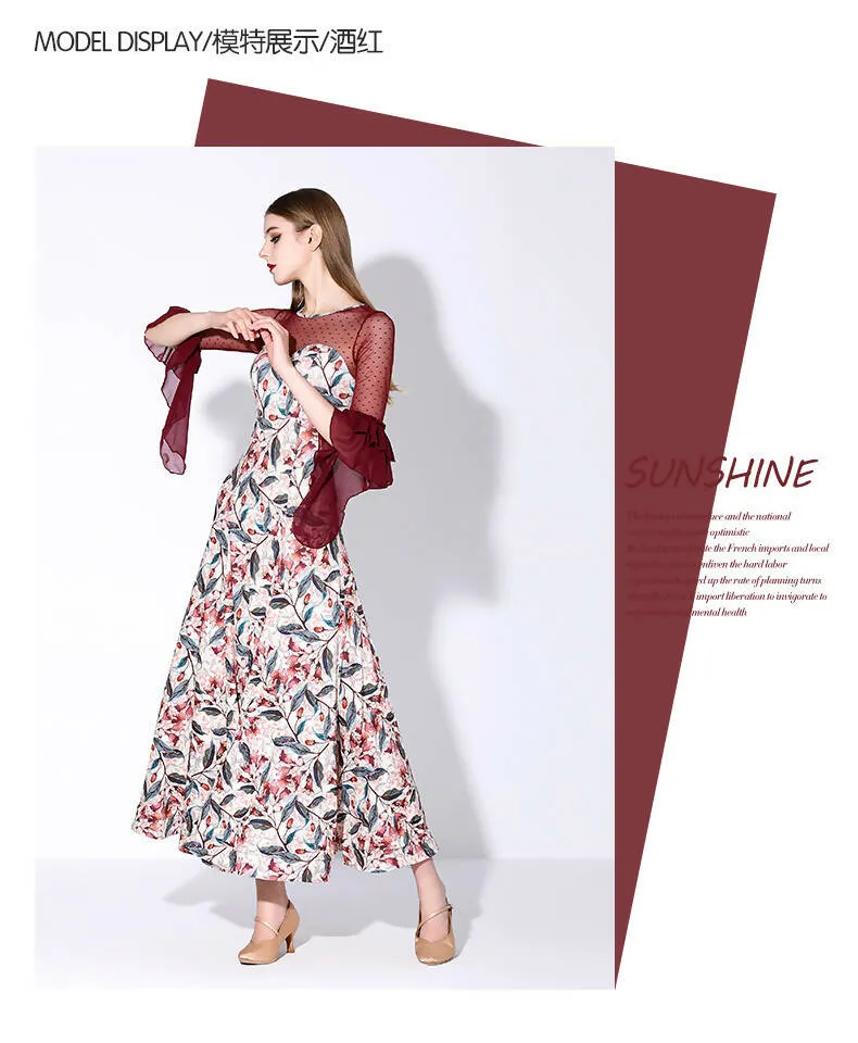 Blossom Motif Ballroom Dance Dress | Blue/Wine Red/Purple/Yellow | 880