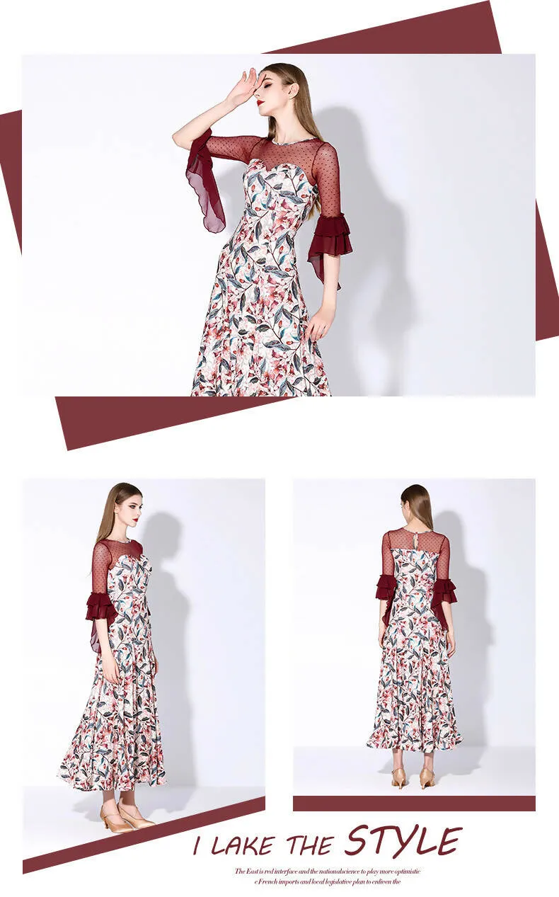 Blossom Motif Ballroom Dance Dress | Blue/Wine Red/Purple/Yellow | 880