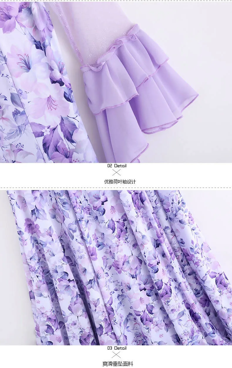 Blossom Motif Ballroom Dance Dress | Blue/Wine Red/Purple/Yellow | 880