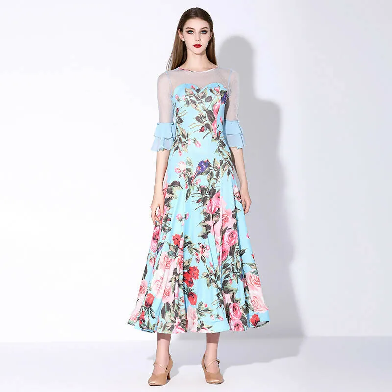 Blossom Motif Ballroom Dance Dress | Blue/Wine Red/Purple/Yellow | 880