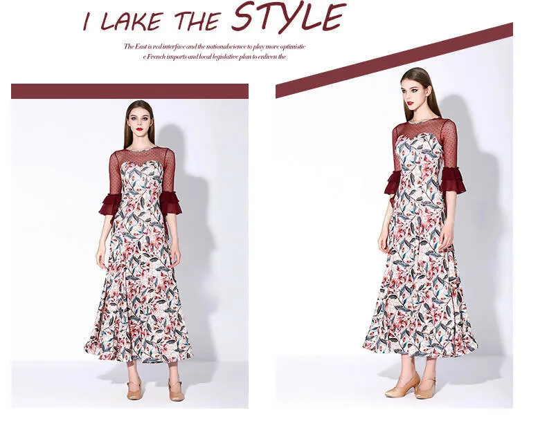 Blossom Motif Ballroom Dance Dress | Blue/Wine Red/Purple/Yellow | 880