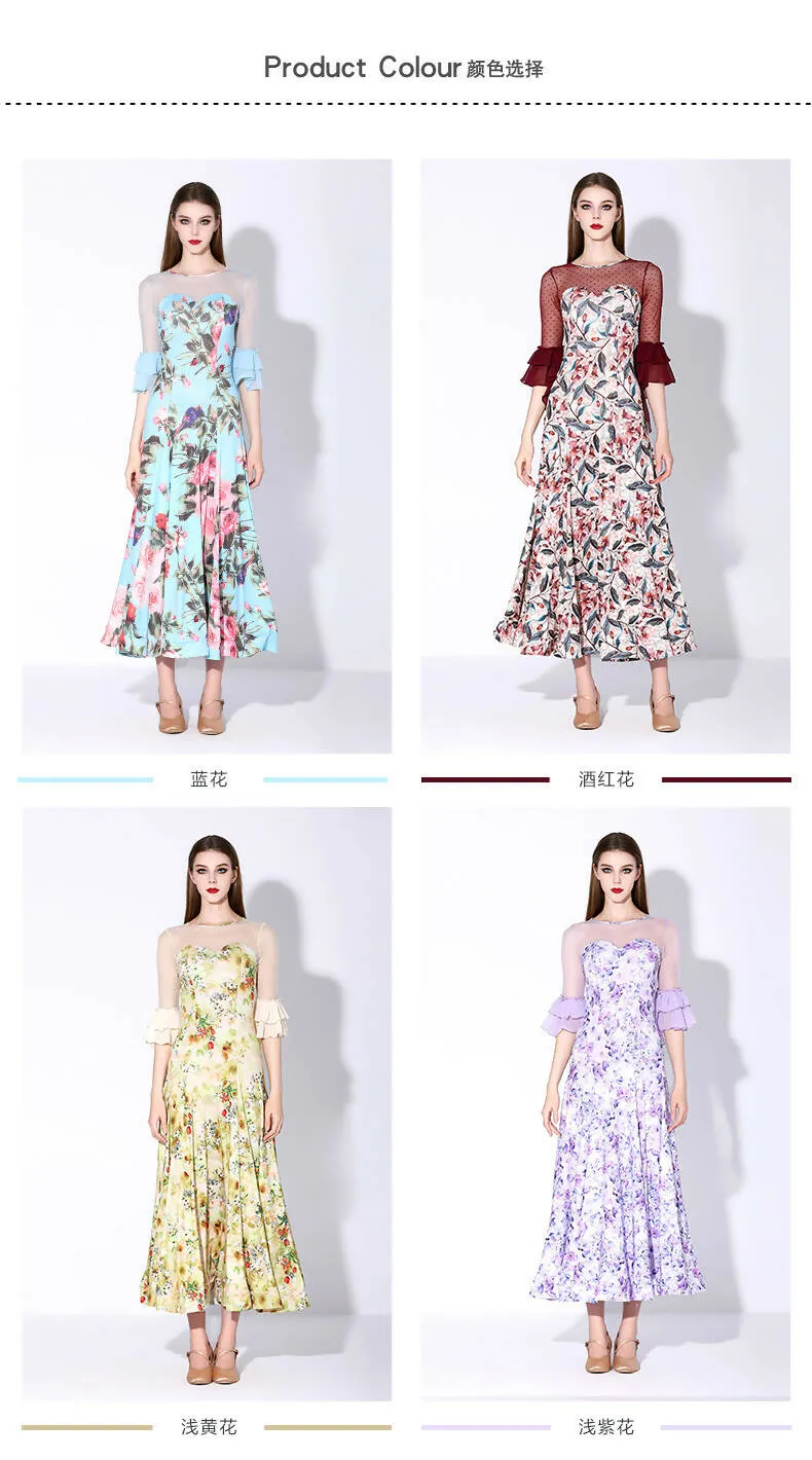 Blossom Motif Ballroom Dance Dress | Blue/Wine Red/Purple/Yellow | 880