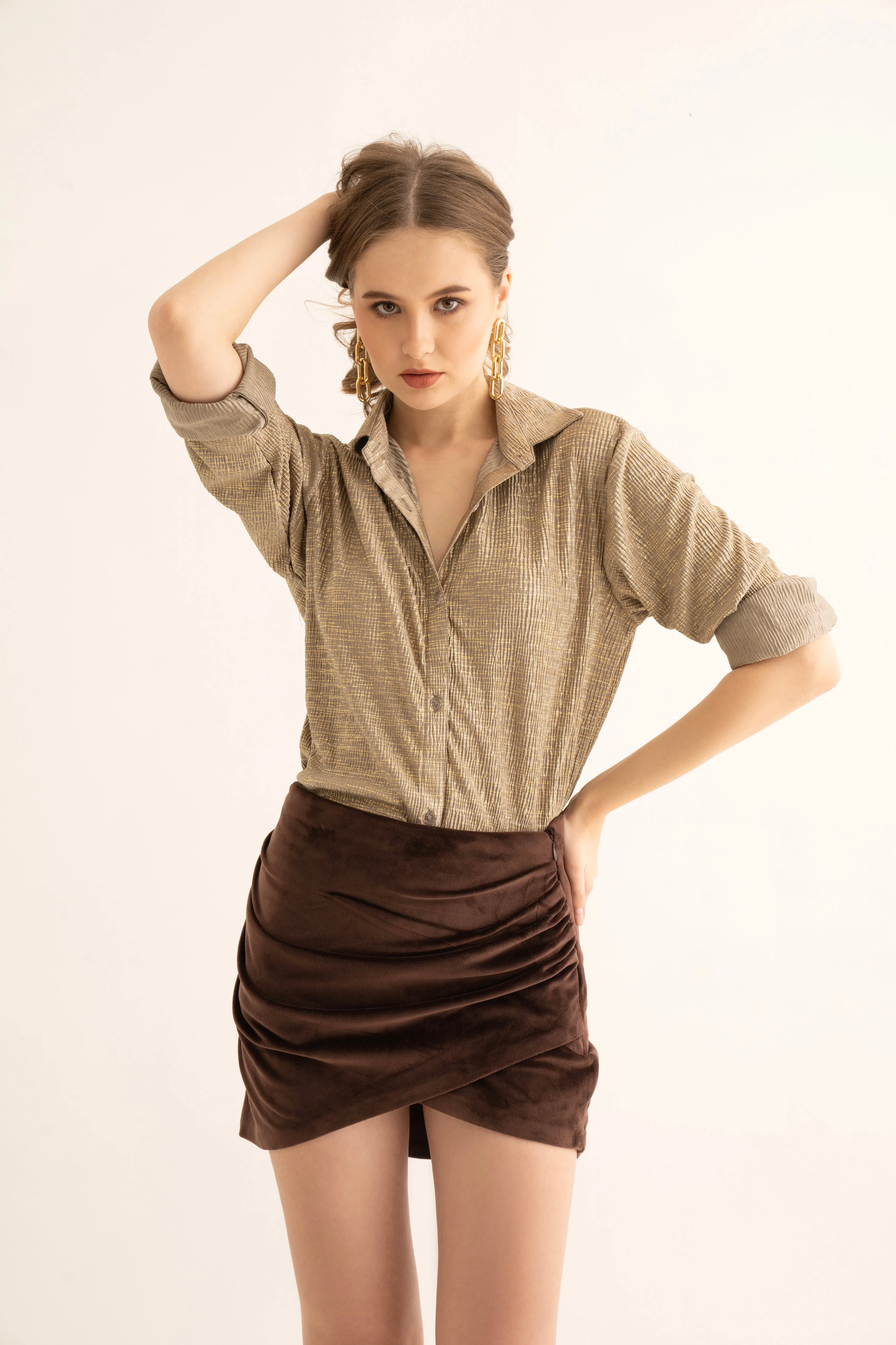 Brown Velvet Draped Mini Skirt