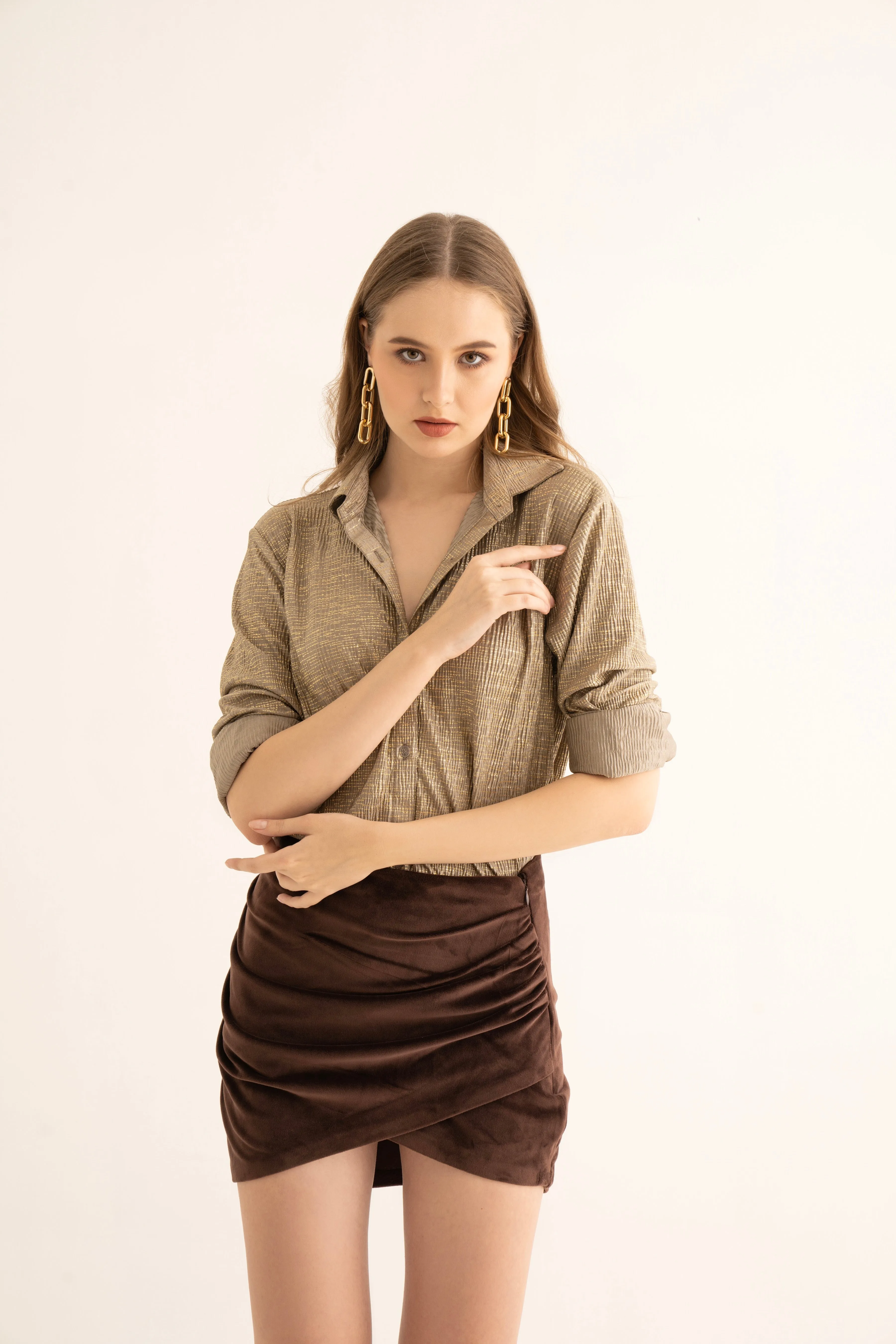 Brown Velvet Draped Mini Skirt