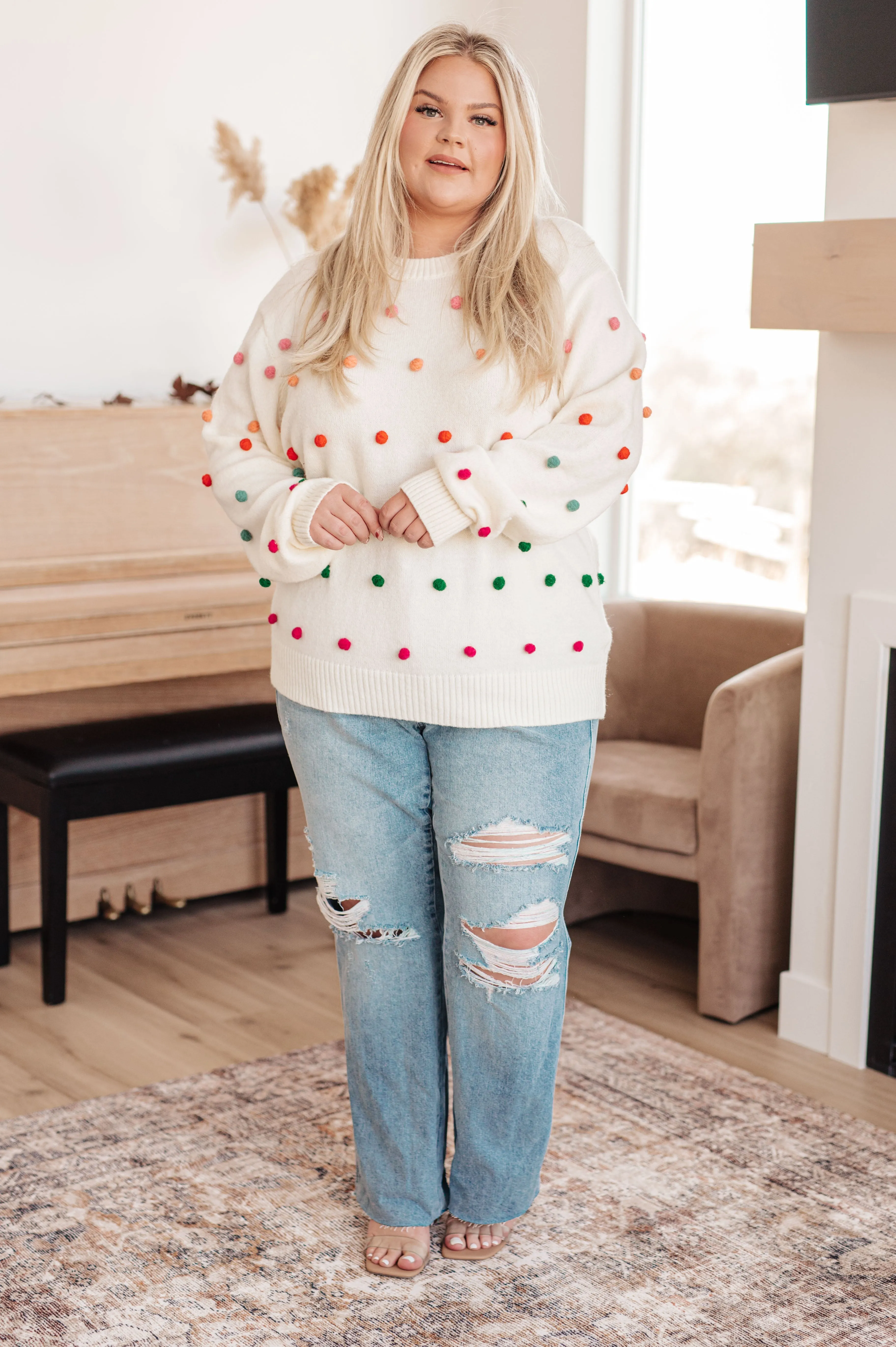 Candy Buttons Pom Detail Sweater- USE CODE SPRING24 for 40% OFF!!!!