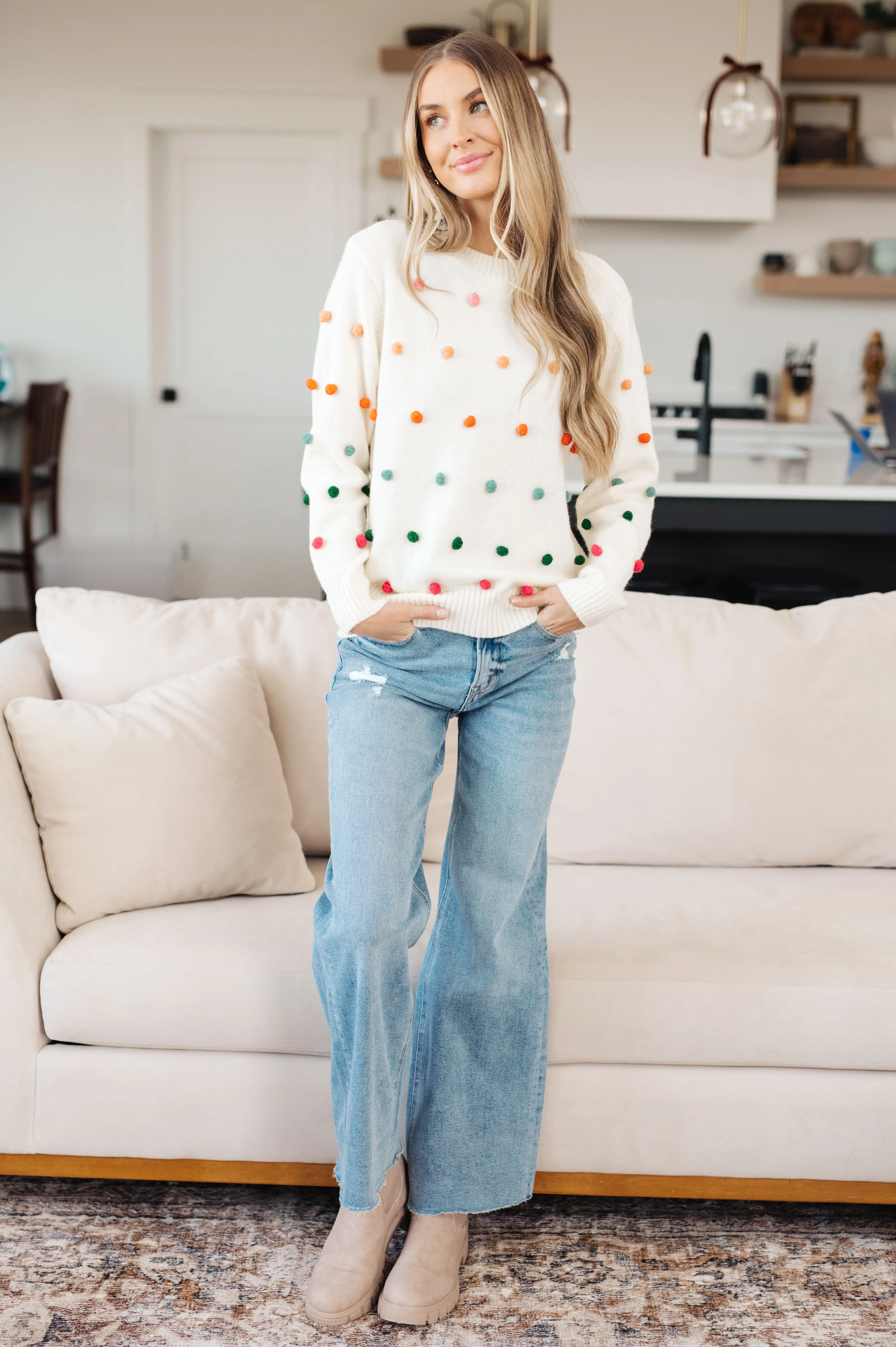 Candy Buttons Pom Detail Sweater- USE CODE SPRING24 for 40% OFF!!!!