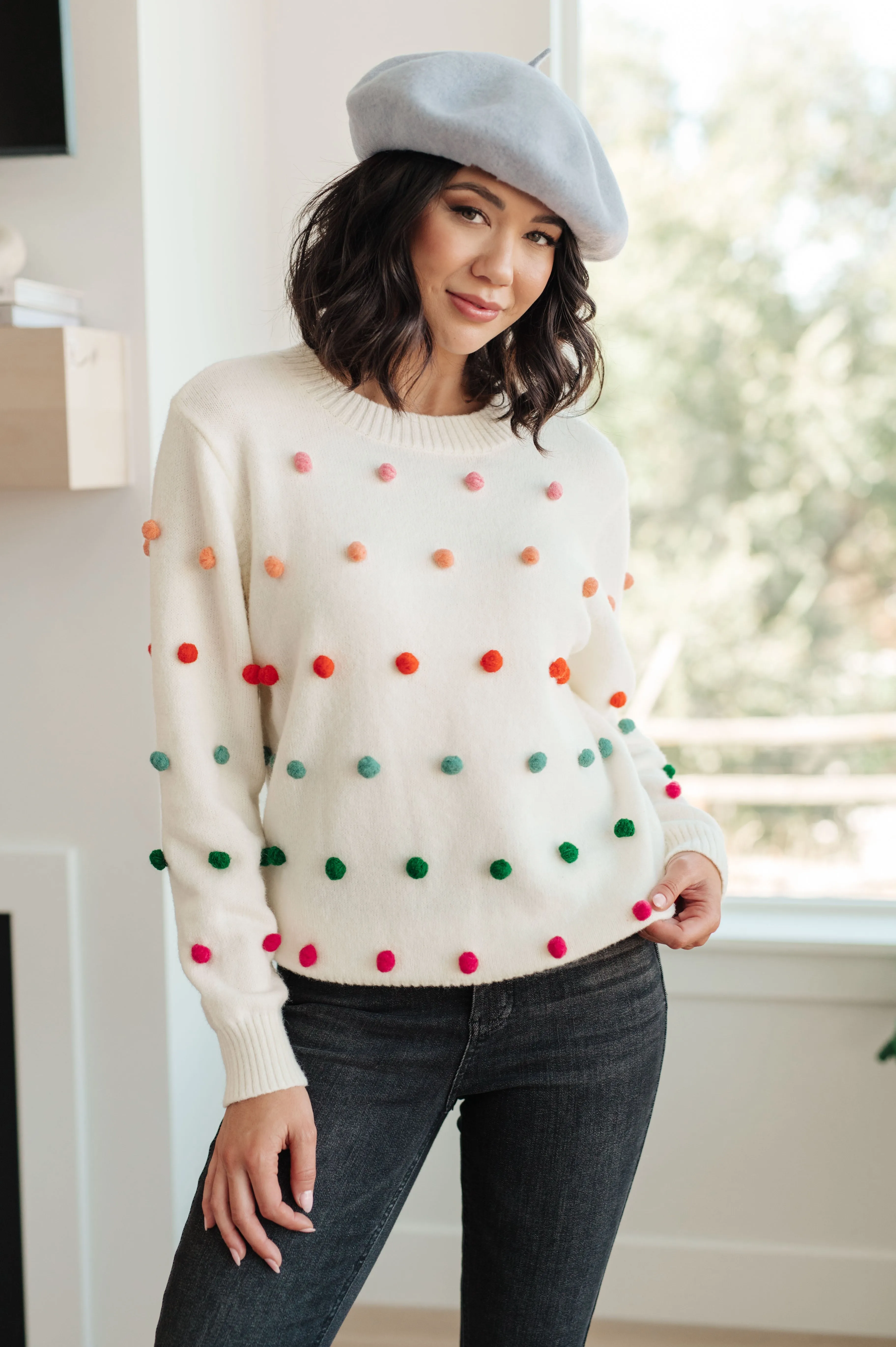 Candy Buttons Pom Detail Sweater- USE CODE SPRING24 for 40% OFF!!!!