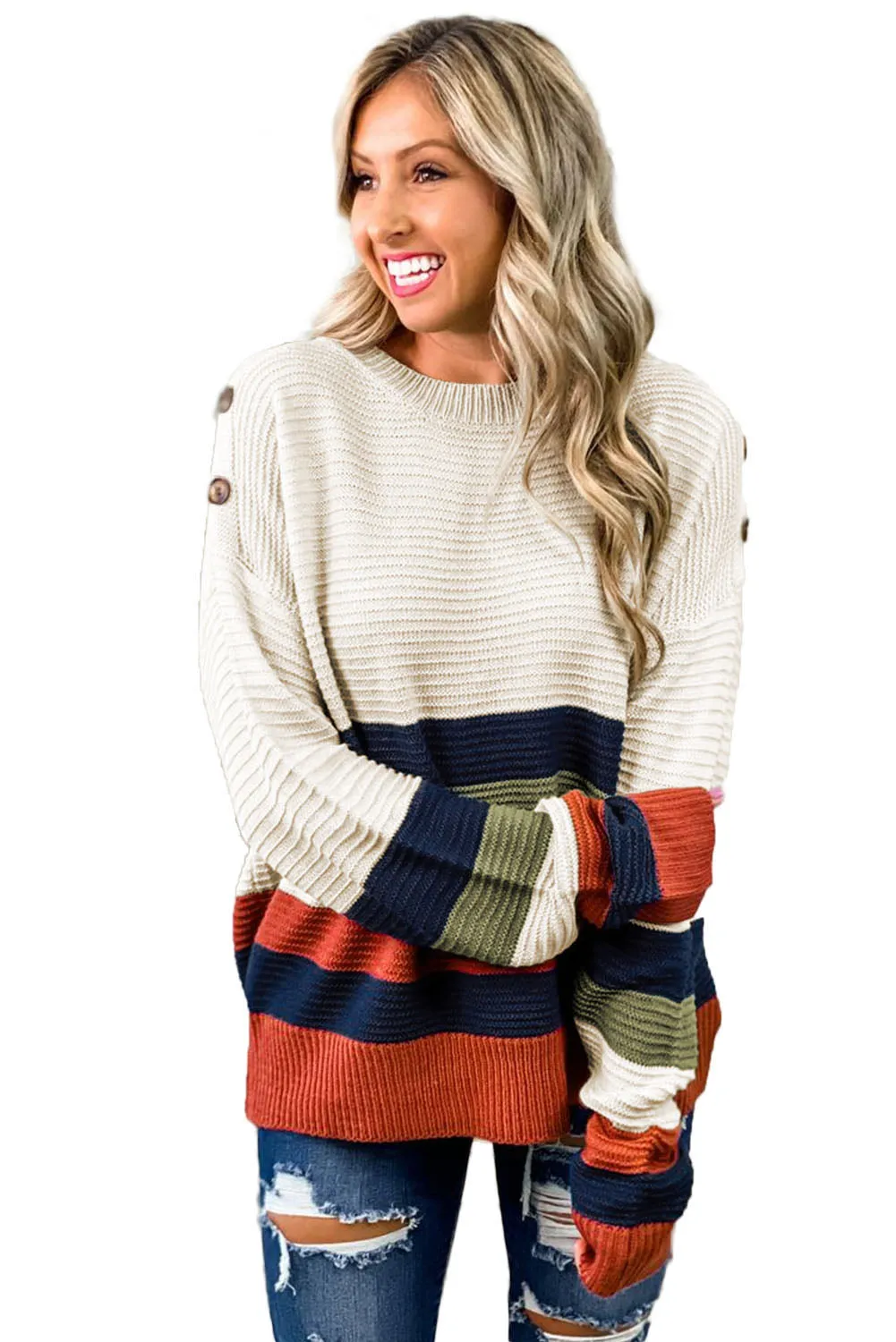 Colorblock Striped Button Drop Shoulder Pullover Sweater