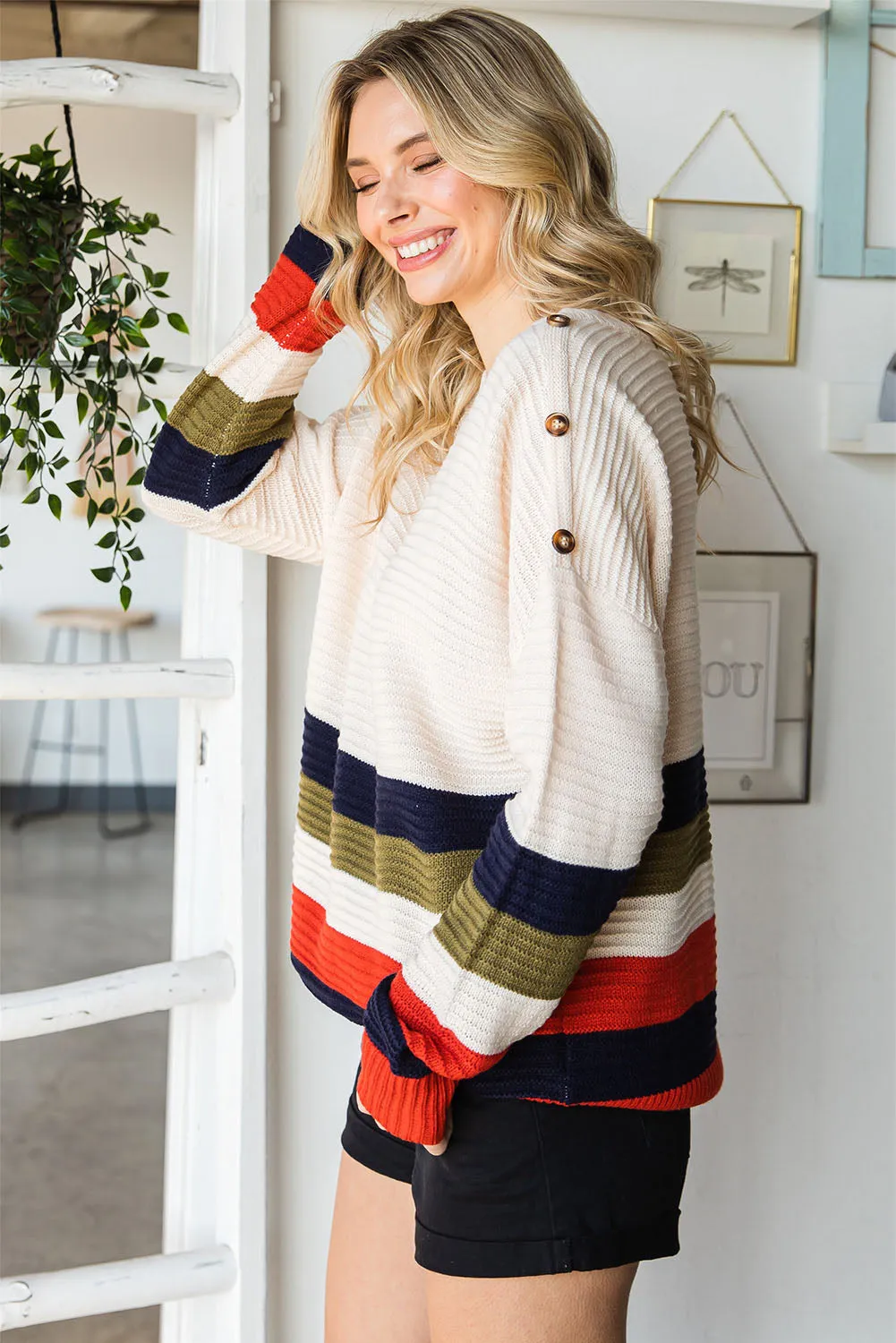 Colorblock Striped Button Drop Shoulder Pullover Sweater