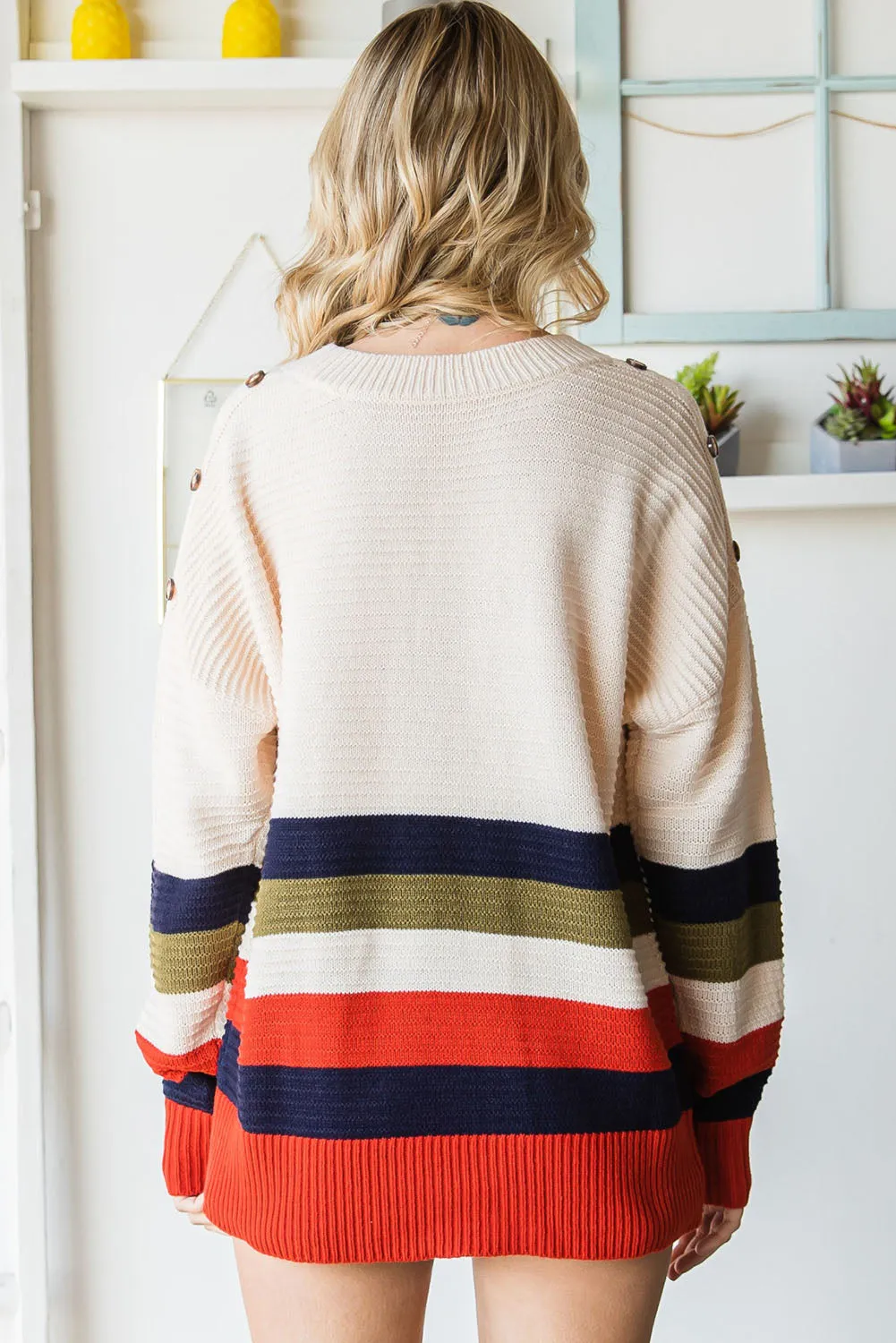 Colorblock Striped Button Drop Shoulder Pullover Sweater