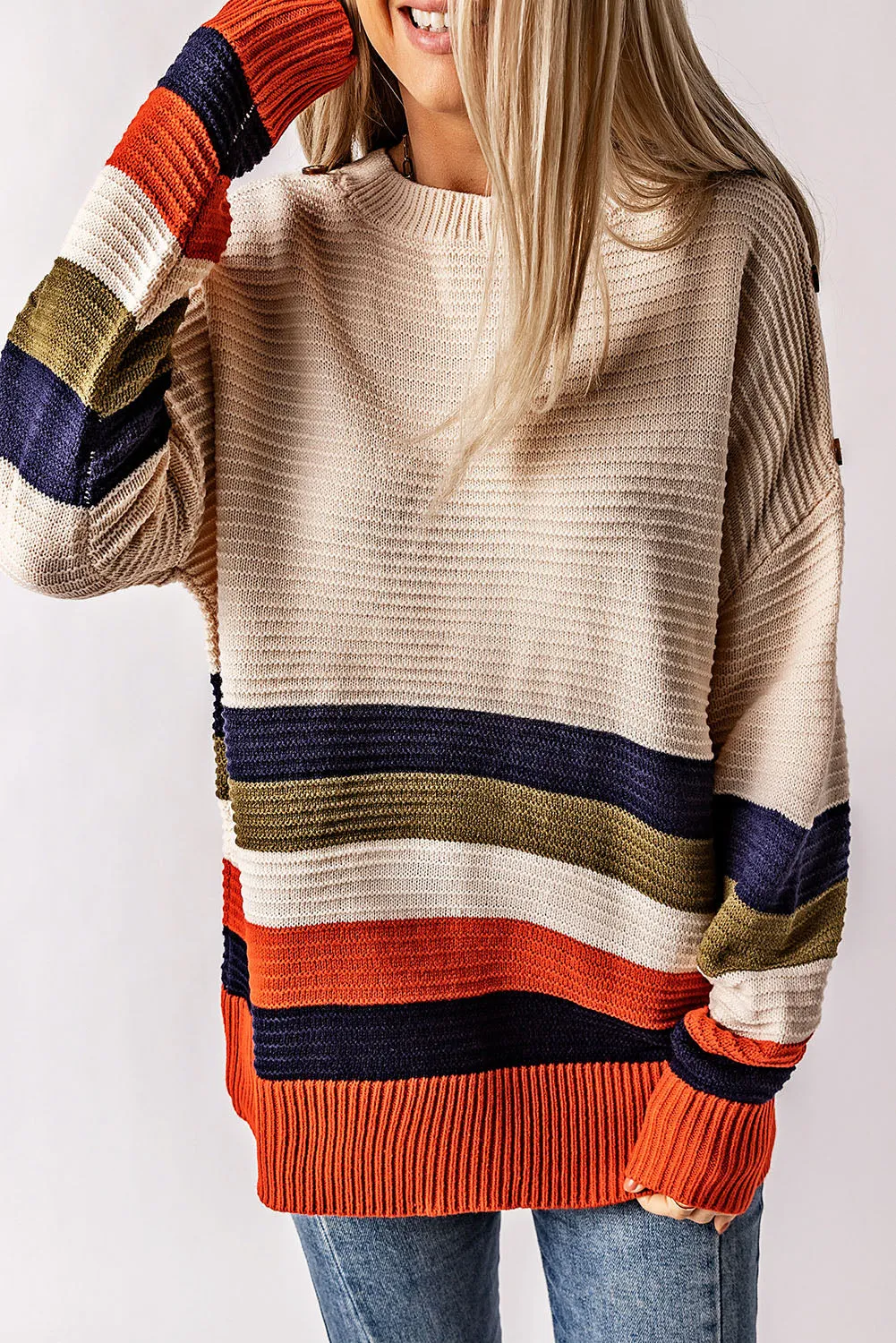 Colorblock Striped Button Drop Shoulder Pullover Sweater