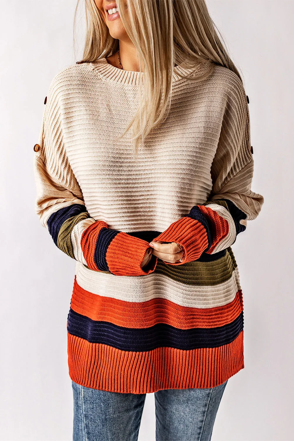 Colorblock Striped Button Drop Shoulder Pullover Sweater