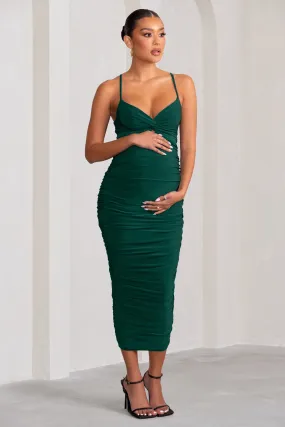 Desired | Bottle Green Maternity Cami Midi Dress with Twist Plunge