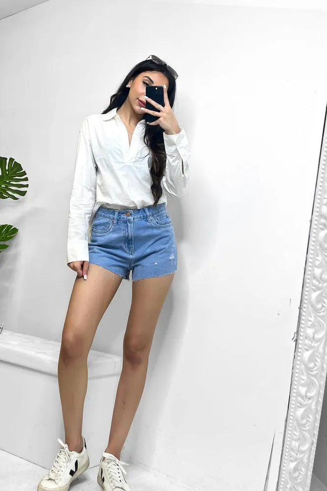 Distressed Light Blue Denim Shorts