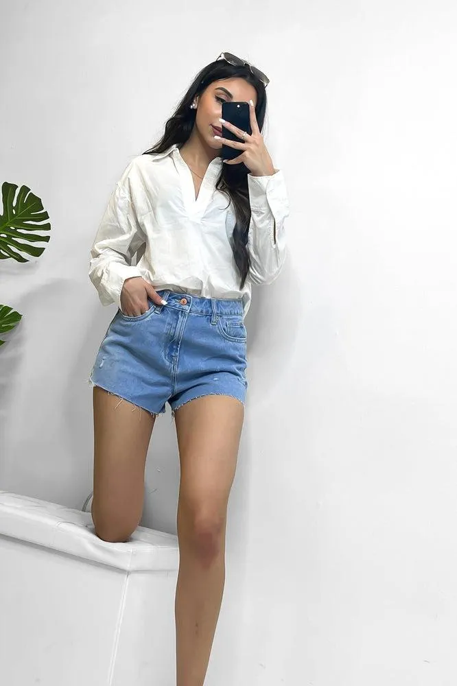 Distressed Light Blue Denim Shorts