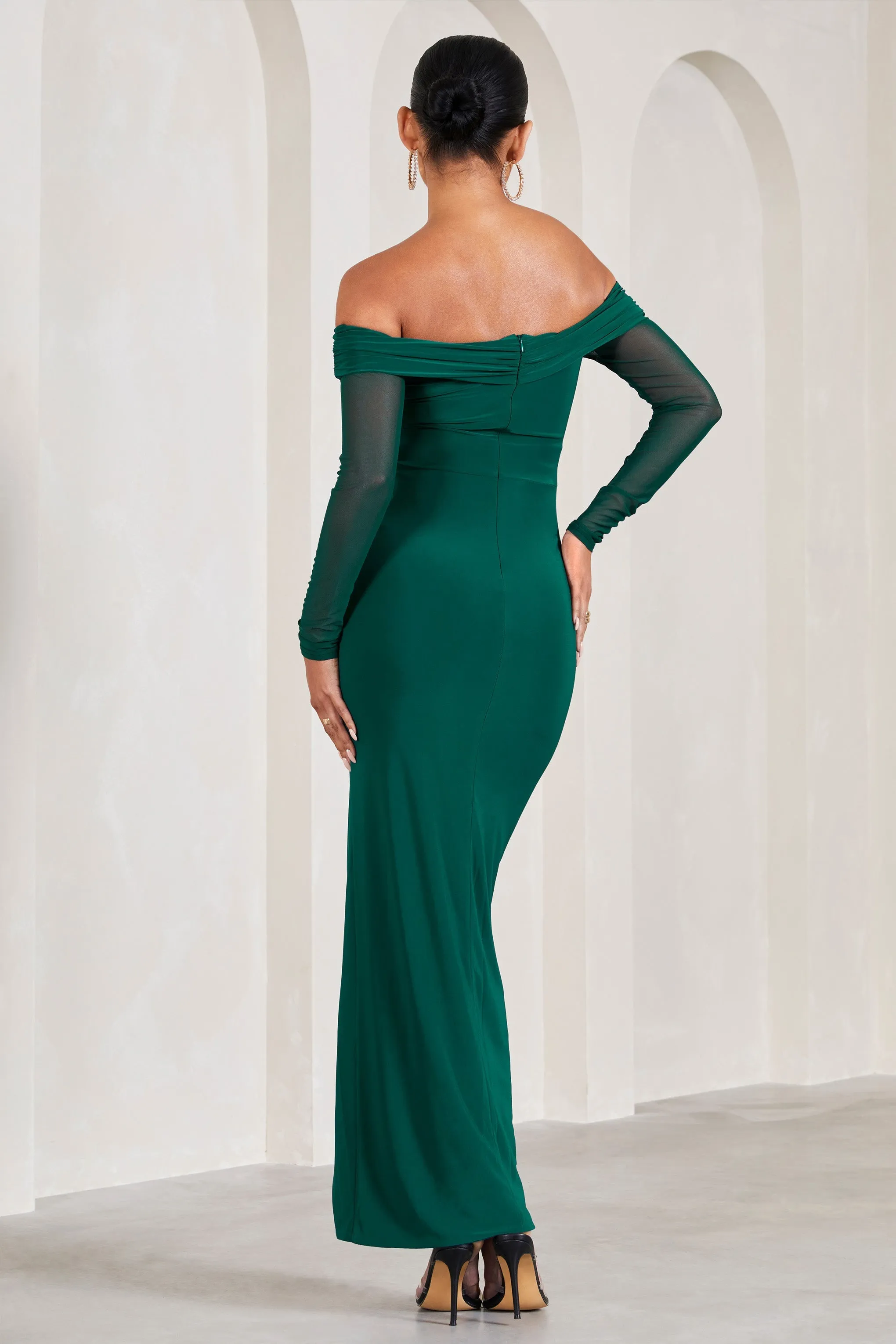 Elsie | Bottle Green Bardot Long-Sleeved Maternity Maxi Dress