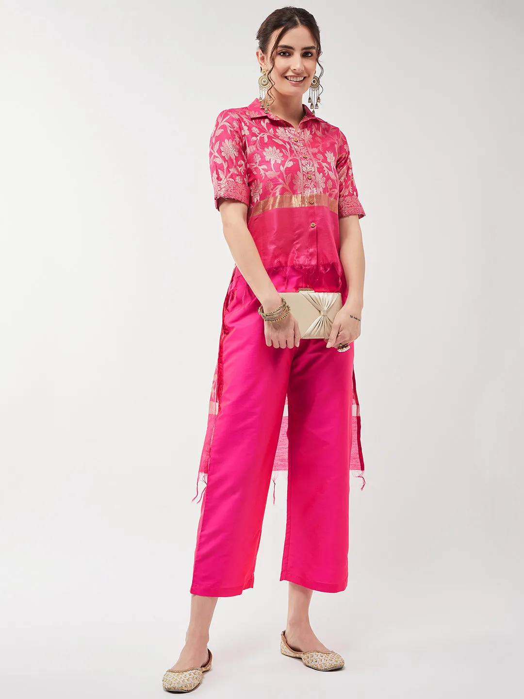 Festive Jacquard High-Low Top With Matching Pant Set