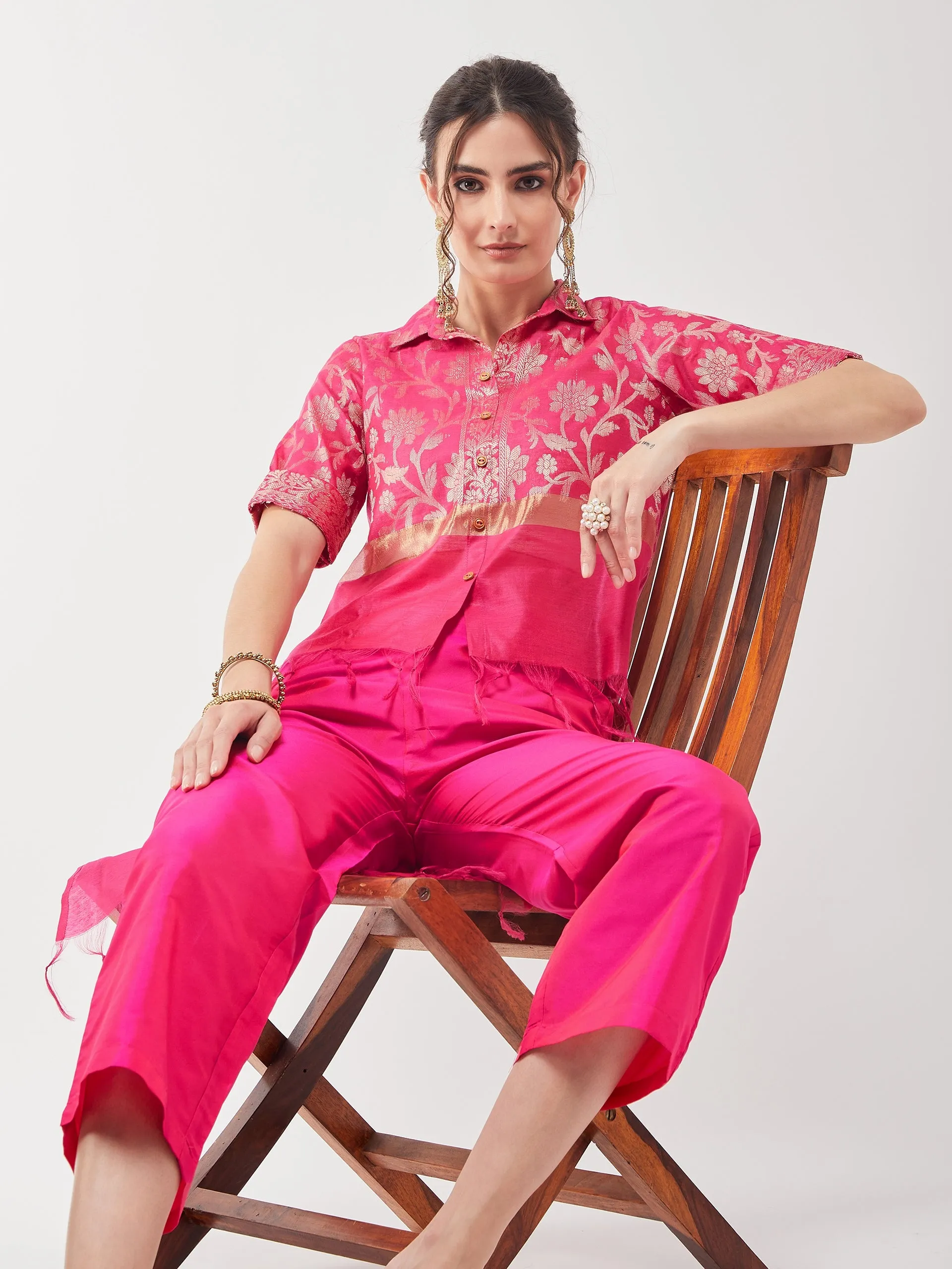 Festive Jacquard High-Low Top With Matching Pant Set