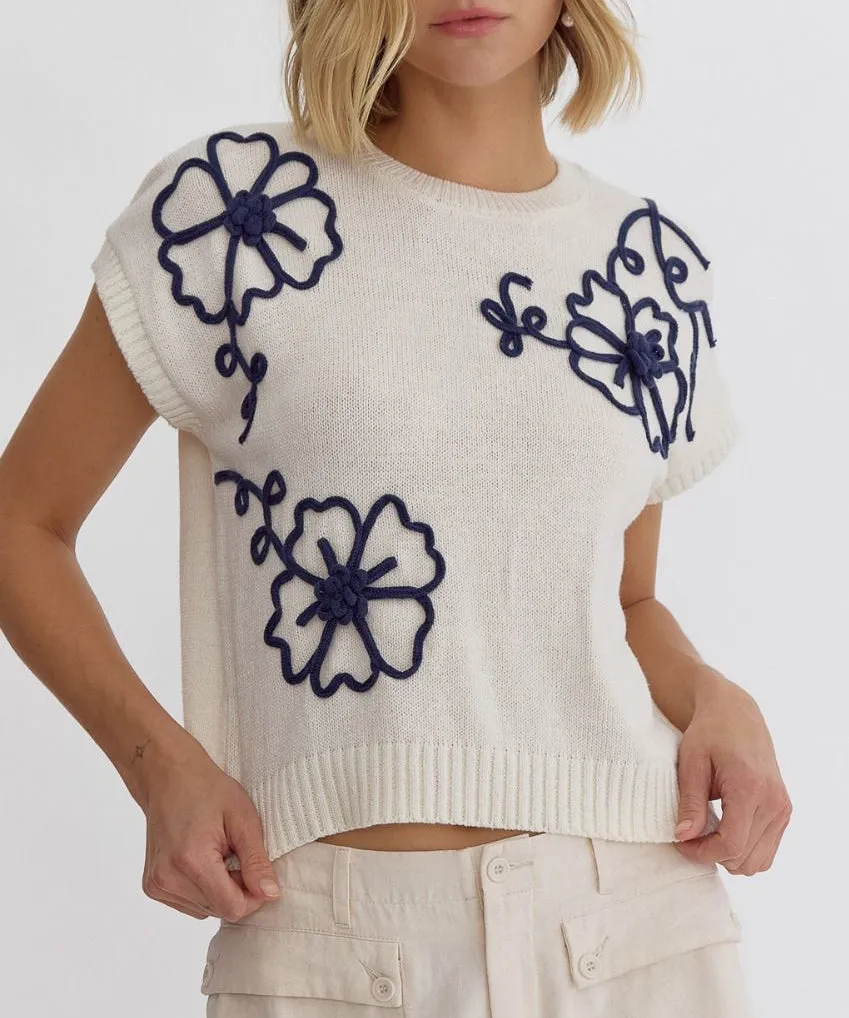 Floral Embroidery Sweater Top - Ivory