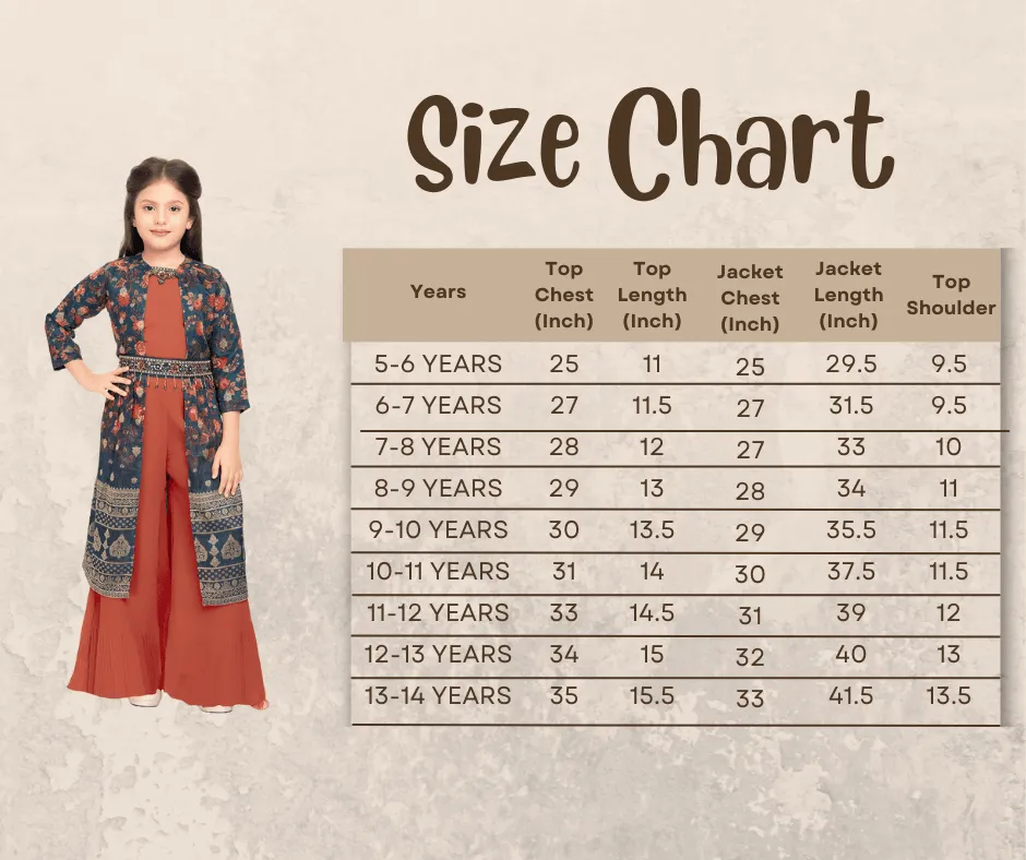 Girls Round Neck Top And Orange Palazzos With Fancy Printed Shrug & Hand Embroidery Ethnic Belt