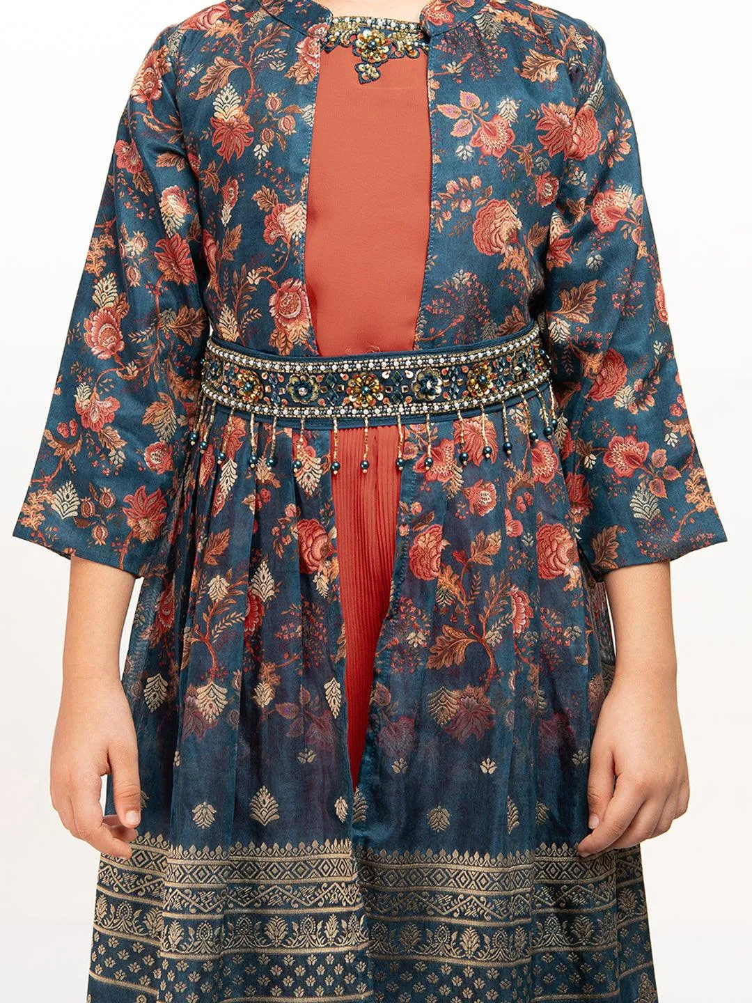 Girls Round Neck Top And Orange Palazzos With Fancy Printed Shrug & Hand Embroidery Ethnic Belt