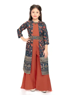 Girls Round Neck Top And Orange Palazzos With Fancy Printed Shrug & Hand Embroidery Ethnic Belt