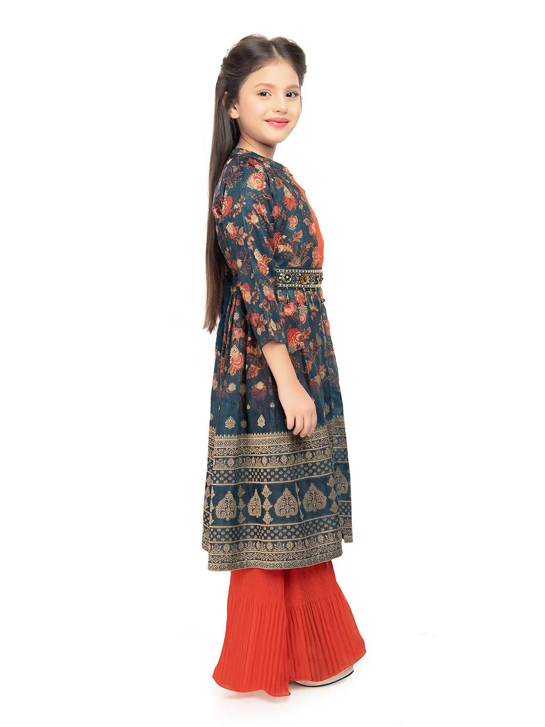 Girls Round Neck Top And Orange Palazzos With Fancy Printed Shrug & Hand Embroidery Ethnic Belt