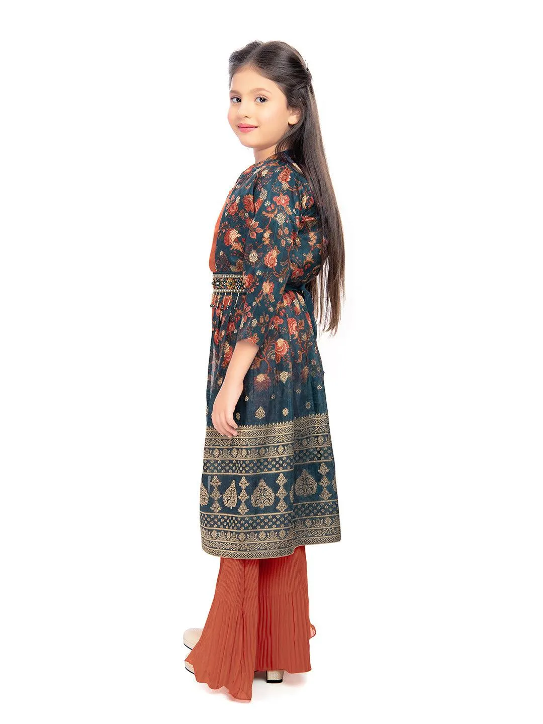 Girls Round Neck Top And Orange Palazzos With Fancy Printed Shrug & Hand Embroidery Ethnic Belt