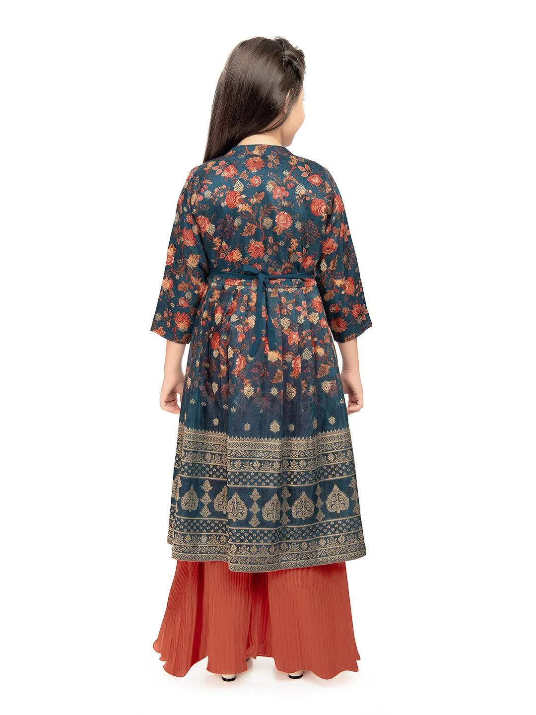 Girls Round Neck Top And Orange Palazzos With Fancy Printed Shrug & Hand Embroidery Ethnic Belt